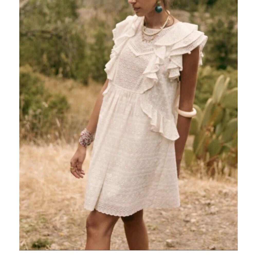 Sezane Robe Alexane Dress Sz 36/4 Eyelet Embroidered Ruffle Sleeveless Ecru